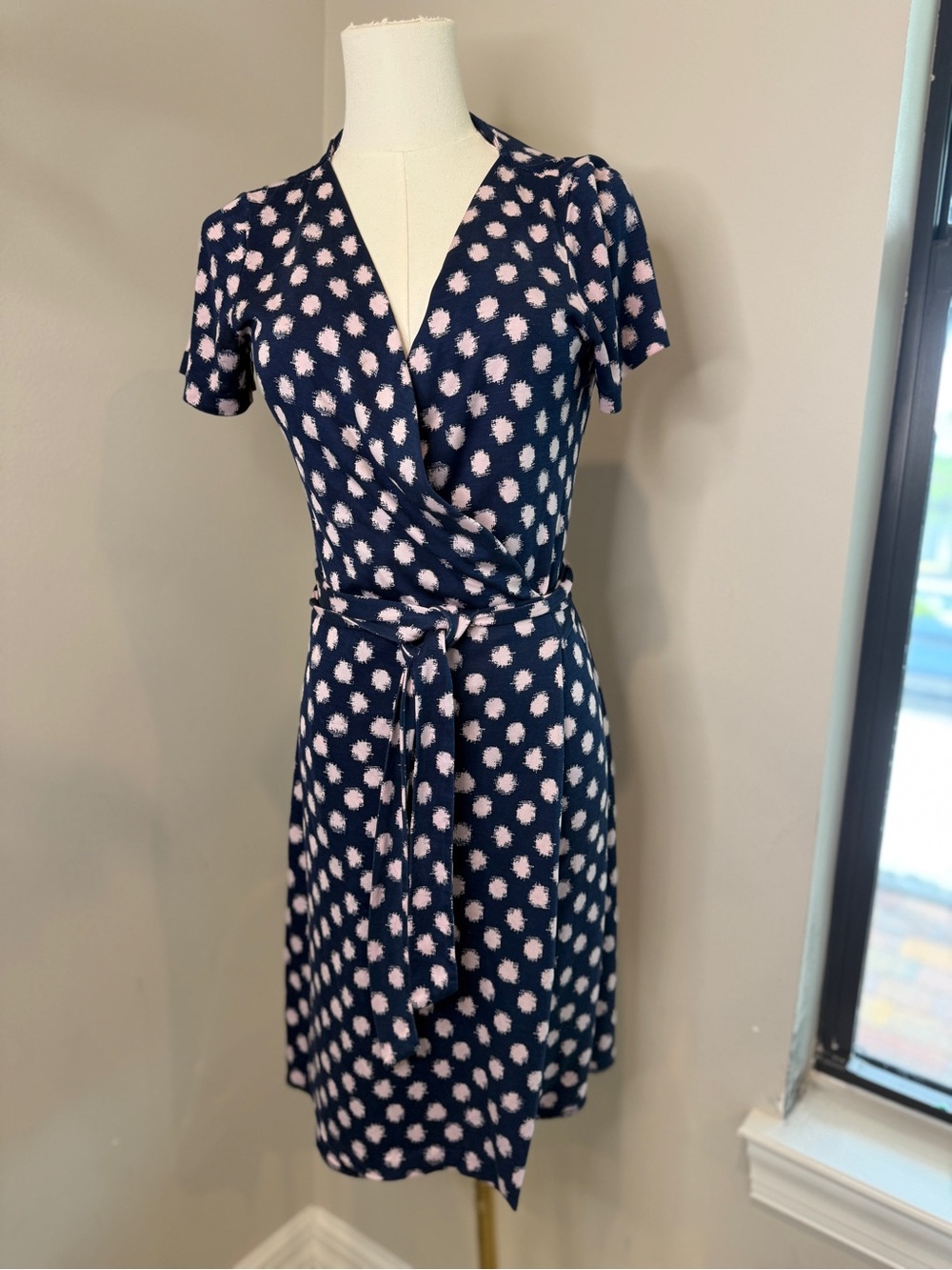 Diane Von Furstenberg Navy Wrap Dress with Light Pink Spot Print